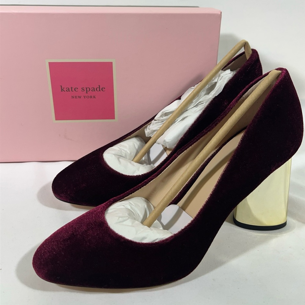 Kate Spade Sybil Velvet Pumps Women 7 Cherrywood Gold Heel/Pink Rhinestones